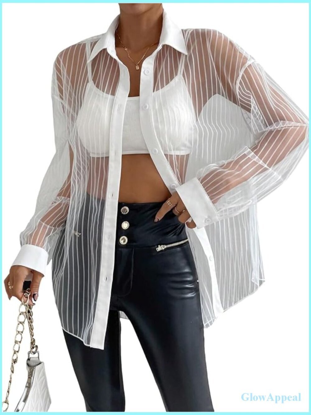 Sheer Button Up Shirt Long Sleeve See Through Mesh Oversized Blouse